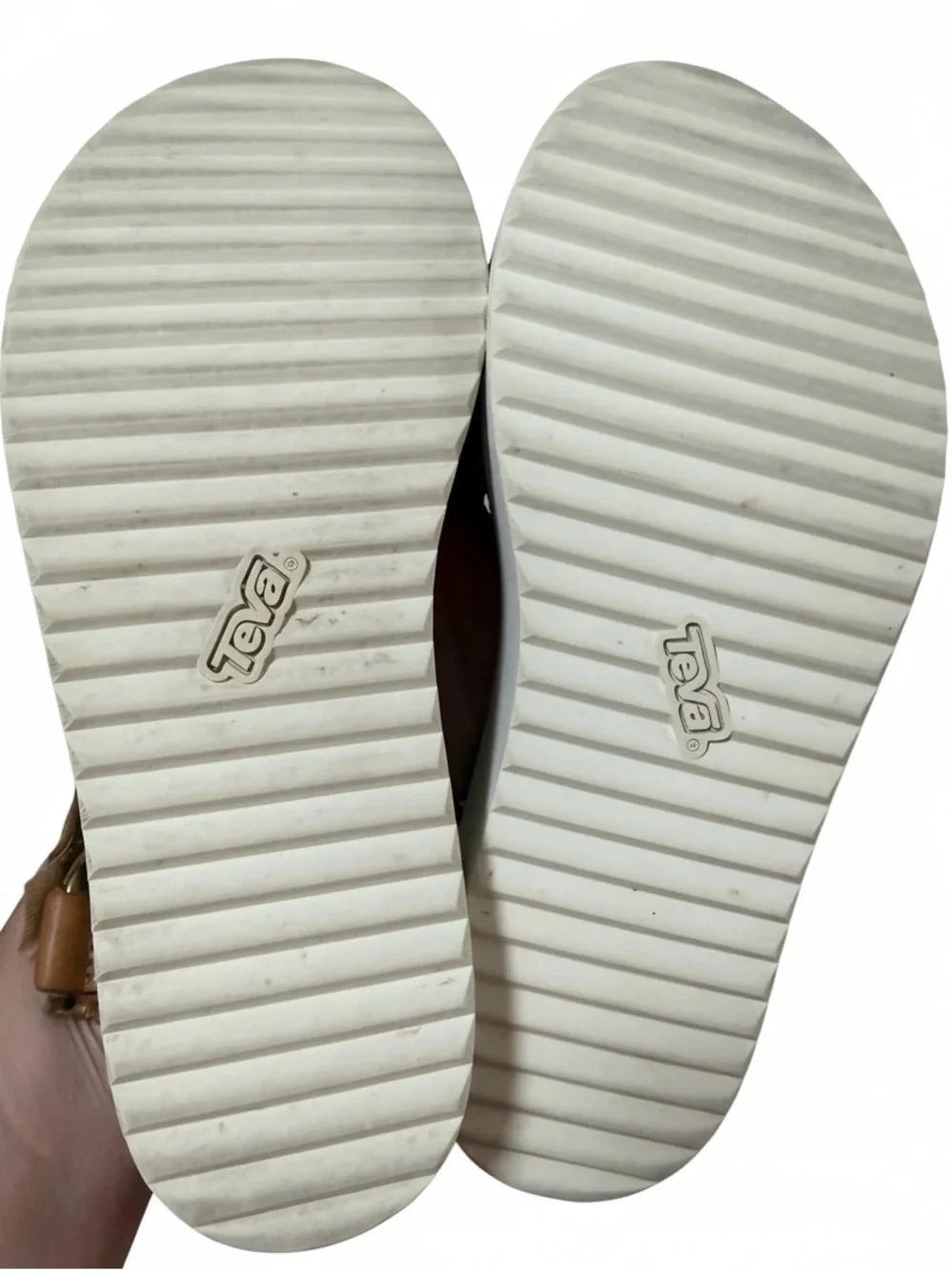 Teva Women’s Platform Sandals with White Soles in Tan, Size 8